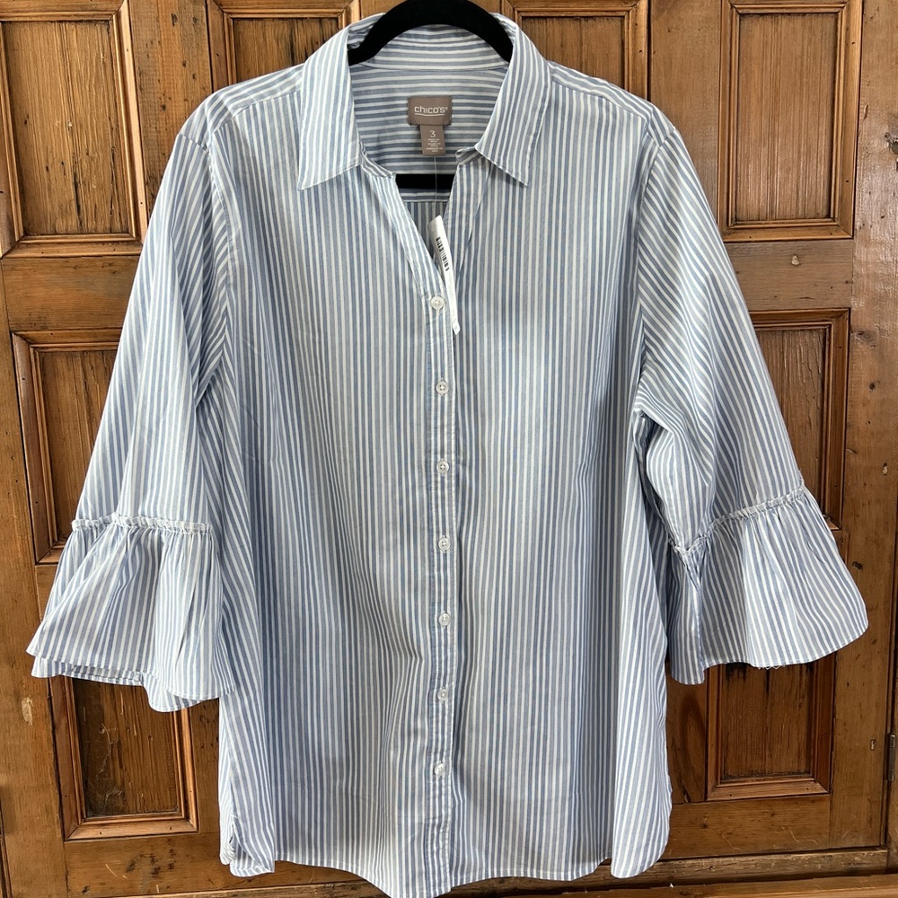 Chico’s Button Front Marin Co Stripe Blouse Blue/ White Indigo